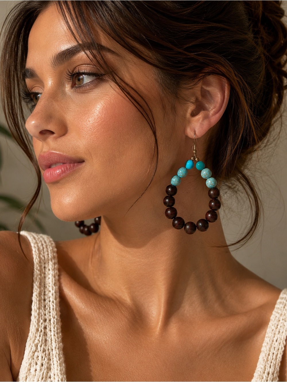 Boho Turquoise & Wooden Bead Hoop Earrings | Artisan Statement Earrings